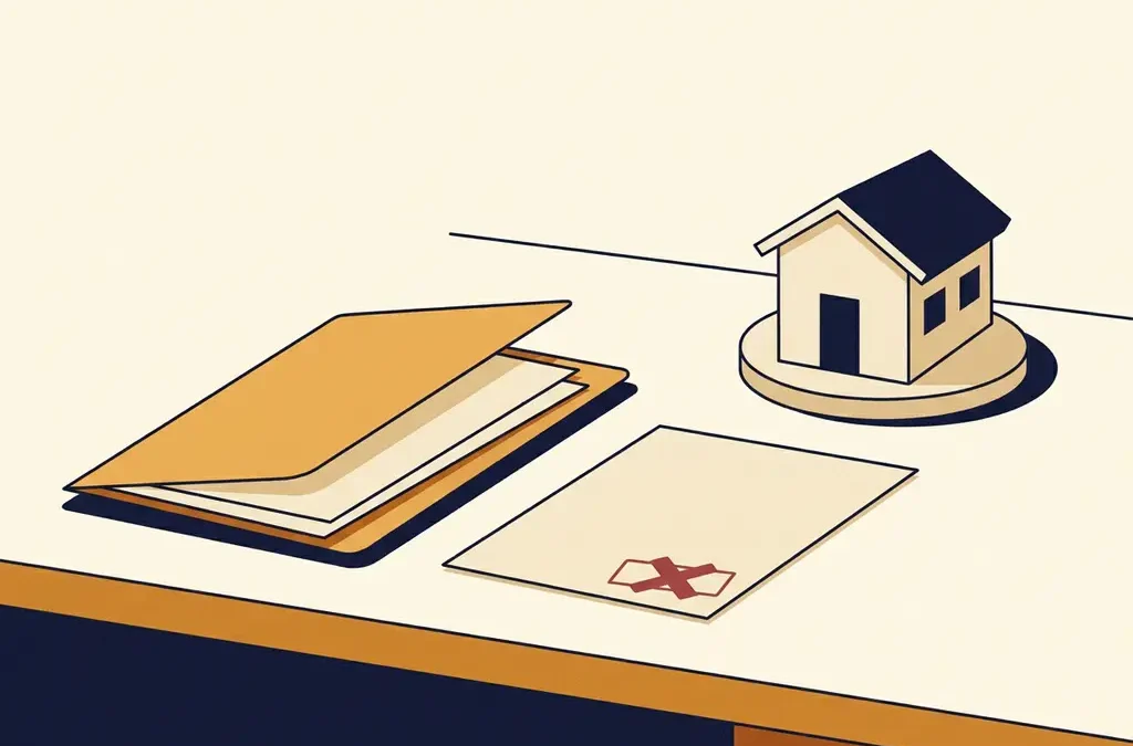 Afgewezen hypotheekaanvraag met rood stempel op bureau, naast financiële map en klein huismodel.