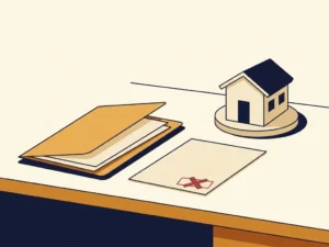 Afgewezen hypotheekaanvraag met rood stempel op bureau, naast financiële map en klein huismodel.