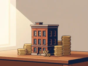 Miniatuur bakstenen appartementengebouw op houten bureau met gestapelde gouden munten en een messing percentagesymbool.