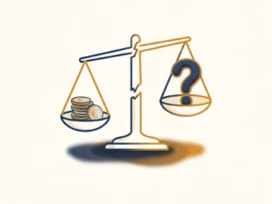 Gebarsten weegschaal met euromunten tegenover een kleivorming vraagteken, symboliseert financiële onzekerheid.
