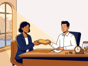 Ondernemer overhandigt facturen aan financieel adviseur aan houten bureau, met munten en klok als symbolen van cashflowbeheer, warm Amsterdams licht.