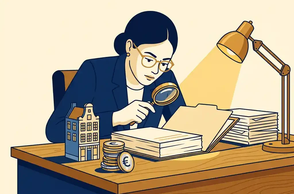 Financieel analist bestudeert bedrijfsdossier aan eikenhouten bureau met miniatuur grachtenpand en gestapelde euromunten.