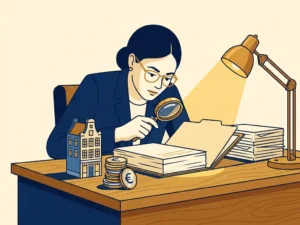 Financieel analist bestudeert bedrijfsdossier aan eikenhouten bureau met miniatuur grachtenpand en gestapelde euromunten.