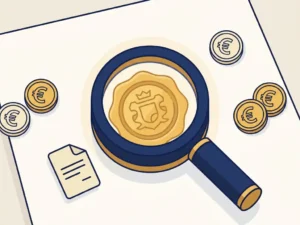 Vergrootglas boven gouden keurmerk op wit bureau met euromunten en document, financiële controle illustratie in vlakke vectorstijl.