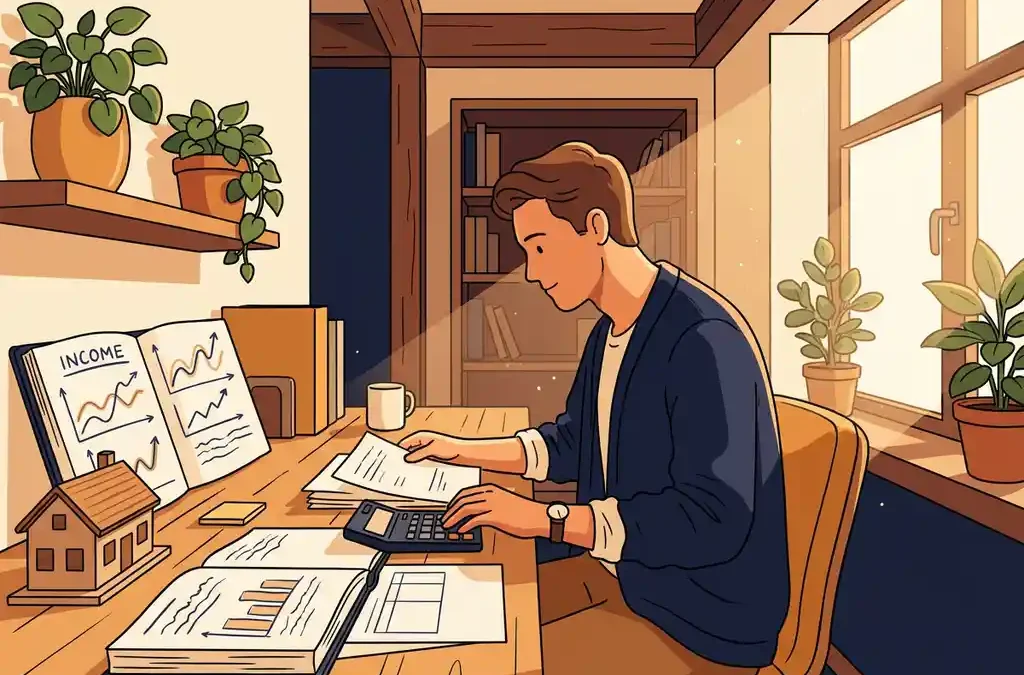 Freelance ondernemer aan houten bureau met financiële documenten, huismodel en inkomensgrafiek in gezellig thuiskantoor met warme gouden verlichting.
