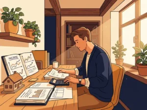 Freelance ondernemer aan houten bureau met financiële documenten, huismodel en inkomensgrafiek in gezellig thuiskantoor met warme gouden verlichting.