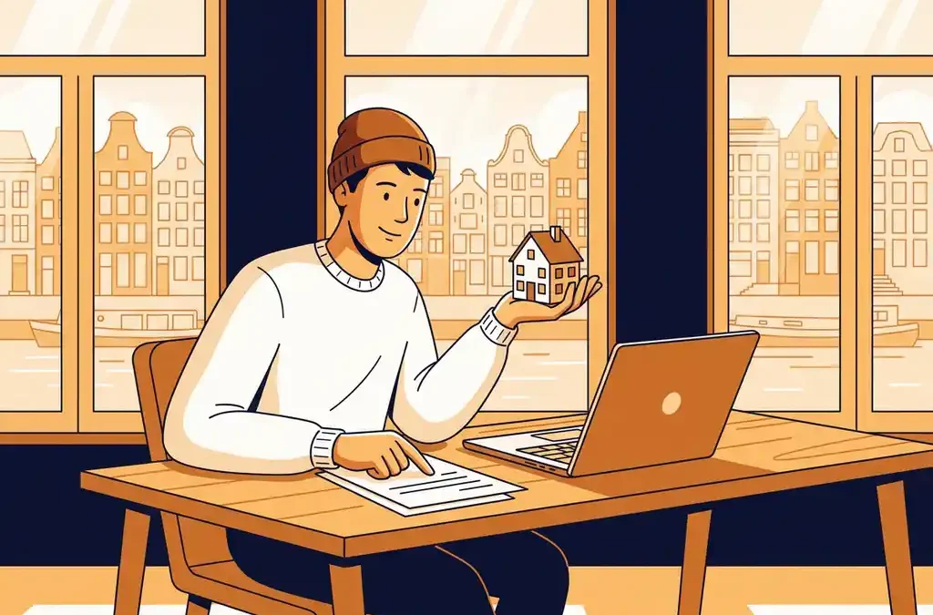 Jonge freelancer aan houten bureau houdt huismodel vast en bekijkt documenten, laptop open, warm Amsterdams interieur.