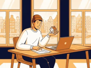 Jonge freelancer aan houten bureau houdt huismodel vast en bekijkt documenten, laptop open, warm Amsterdams interieur.