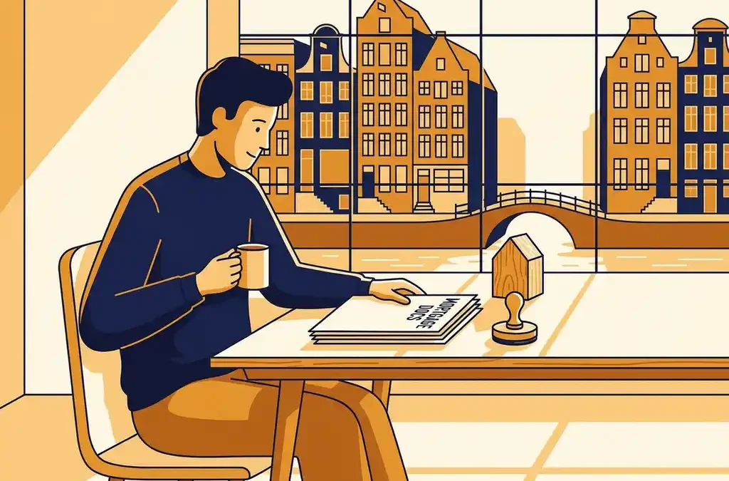 Freelancer aan houten bureau met hypotheekdocumenten, bedrijfsstempel en huisje, Amsterdams grachtenpand op achtergrond, vectorillustratie.