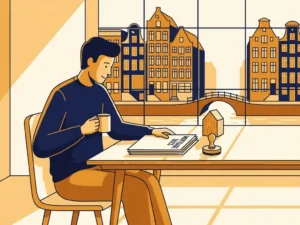 Freelancer aan houten bureau met hypotheekdocumenten, bedrijfsstempel en huisje, Amsterdams grachtenpand op achtergrond, vectorillustratie.