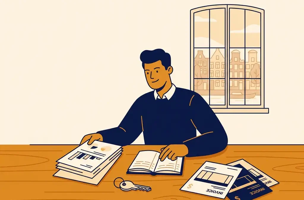 Freelance ondernemer bekijkt financiële documenten aan houten bureau met huissleutel op facturen, warm Amsterdams raamlicht op de achtergrond.