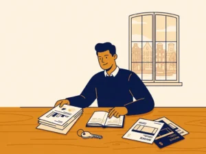 Freelance ondernemer bekijkt financiële documenten aan houten bureau met huissleutel op facturen, warm Amsterdams raamlicht op de achtergrond.