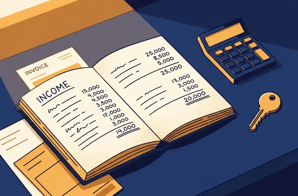 Freelancer's notitieboek met inkomenscijfers en facturen op bureau, huissleutel en rekenmachine erbij, in marineblauw en amber tinten.