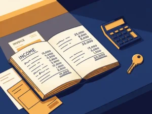 Freelancer's notitieboek met inkomenscijfers en facturen op bureau, huissleutel en rekenmachine erbij, in marineblauw en amber tinten.
