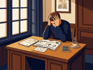 Gefrustreerde freelancer aan houten bureau met drie jaarrapportages, dunste document gemarkeerd met paperclip, rekenmachine en koffiekop erbij.