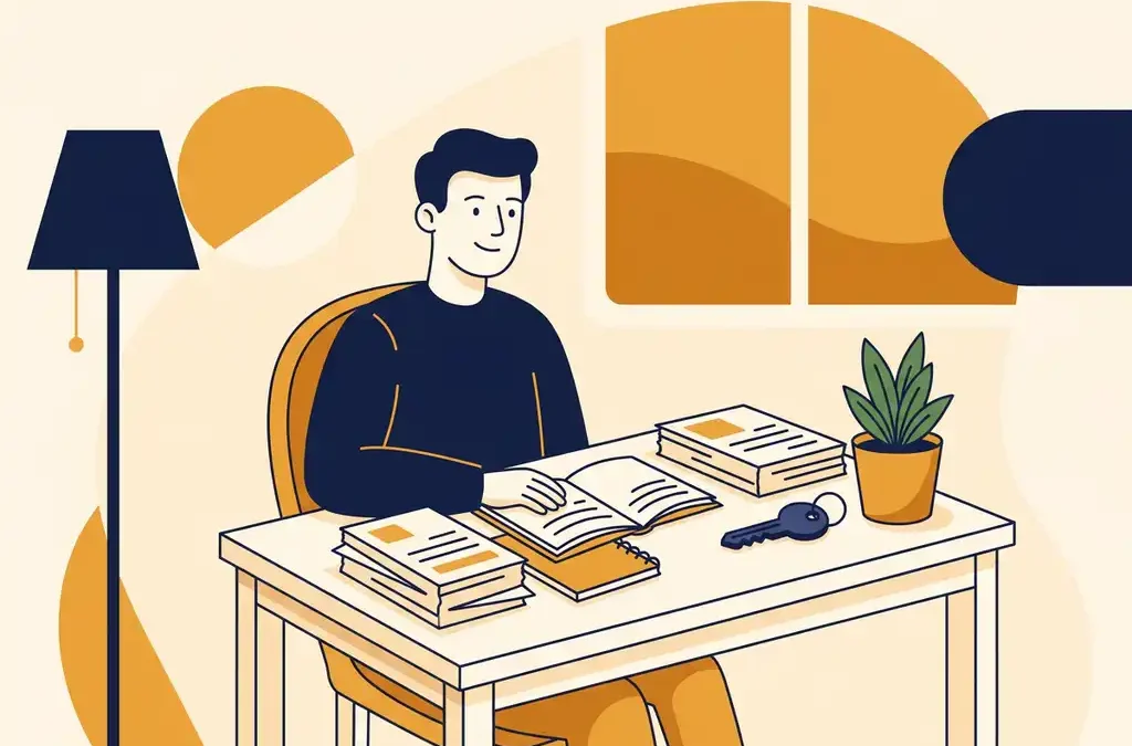 Freelance ondernemer aan thuiswerktafel met financiële documenten, huissleutel en kleine plant in warme amber- en marineblauw tinten.