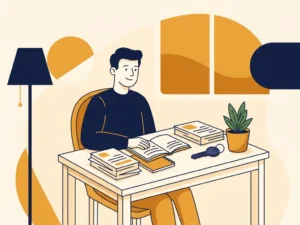 Freelance ondernemer aan thuiswerktafel met financiële documenten, huissleutel en kleine plant in warme amber- en marineblauw tinten.