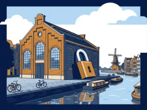 Bakstenen bedrijfspand met groot hangslot langs een Nederlandse gracht, vlakke vectorillustratie in marineblauw en warm amber.