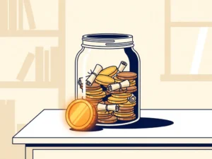 Glazen pot gevuld met munten en opgerolde documenten op wit bureau, gouden munt op voorgrond in warm licht.