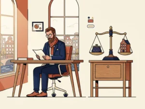 Nederlandse ondernemer bestudeert financieel contract aan bureau, met weegschaal die geldbeurs en miniatuurgebouw balanceert.