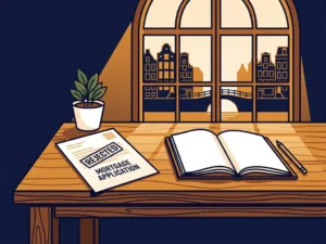 Afgewezen hypotheekbrief op een eiken bureau naast een notitieboek en groene plant, warm Amsterdams kanaallicht op de achtergrond.