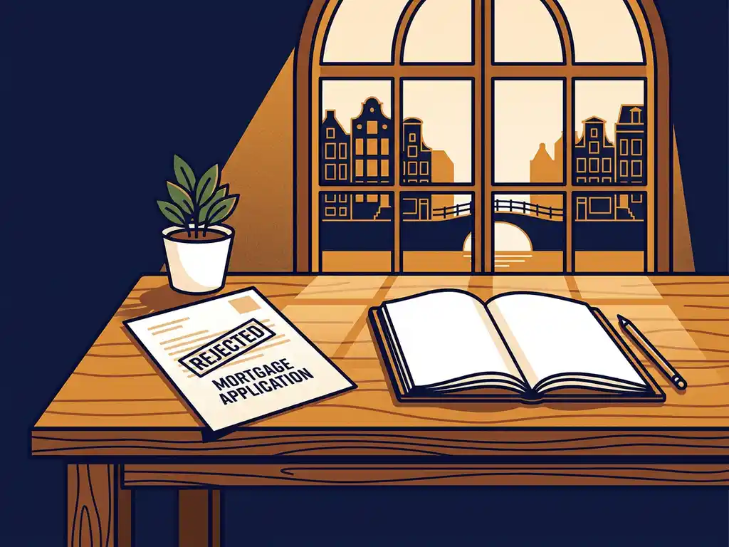Afgewezen hypotheekbrief op een eiken bureau naast een notitieboek en groene plant, warm Amsterdams kanaallicht op de achtergrond.