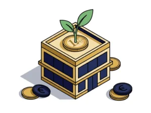 Groene spruit ontspruit uit een euromunt op een miniatuur bedrijfsgebouw, omringd door munten als symbool voor startkapitaal.