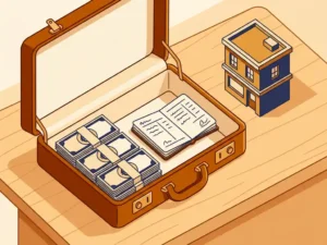 Open leren aktetas op eikenhouten bureau met eurobiljetten, handgeschreven kasboek en miniatuur gebouw als symbool voor bedrijfsinvestering.