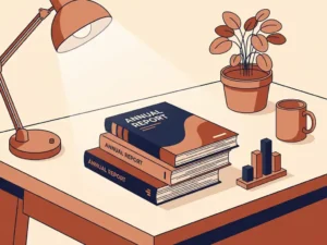 Drie gestapelde jaarverslagen van verschillende dikte op een ondernemersbureau, naast een houten staafdiagrammodel in terracotta en marineblauw tinten.
