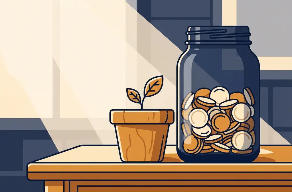 Klein houten zaailingpotje naast een grote glazen pot met munten op een eikenhouten bureau, symbool voor kapitaalwerving op verschillende schalen.