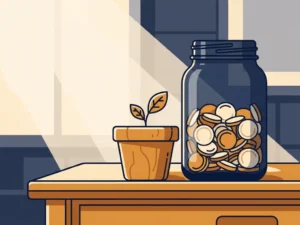 Klein houten zaailingpotje naast een grote glazen pot met munten op een eikenhouten bureau, symbool voor kapitaalwerving op verschillende schalen.