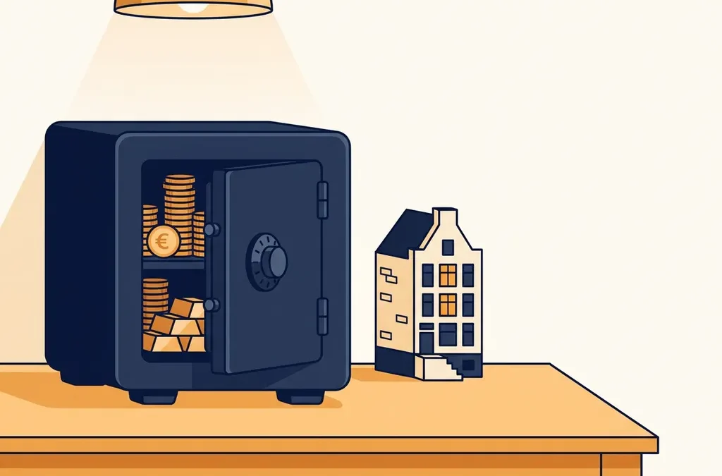 IJzeren kluis op houten bureau met euromunten en goudstaven, naast een miniatuur Hollands grachtenpand.