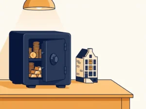 IJzeren kluis op houten bureau met euromunten en goudstaven, naast een miniatuur Hollands grachtenpand.