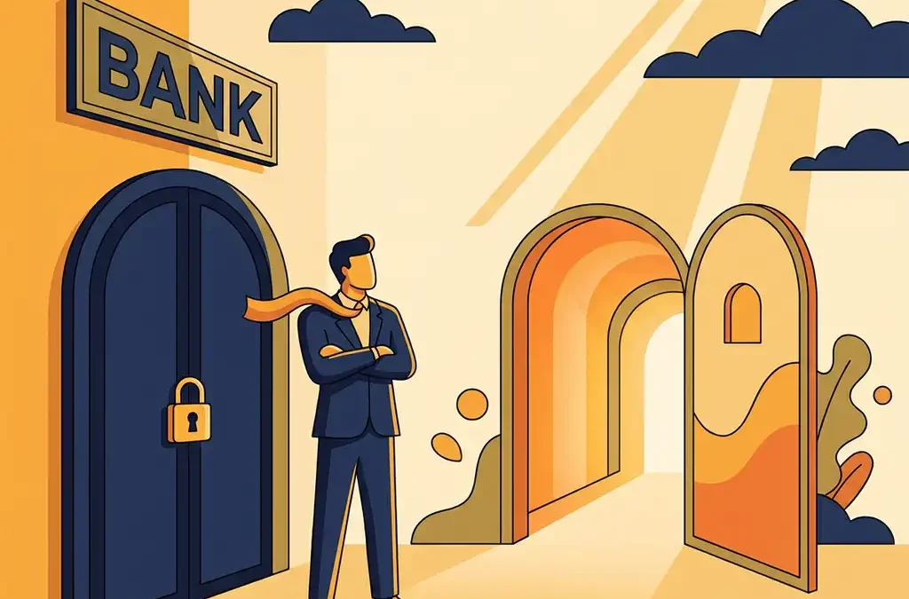 Ondernemer staat vastberaden voor een gesloten bankdeur terwijl een alternatieve route zich ernaast opent, in warme amber en marineblauw tinten.