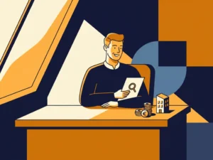 Nederlandse ondernemer bestudeert financieringsdocument aan modern bureau met euromunten en miniatuur gebouwmodel.