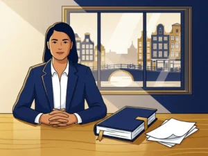 Ondernemer aan houten bureau met premium map en losse documenten, Amsterdams grachtenpand zichtbaar door raam op de achtergrond.