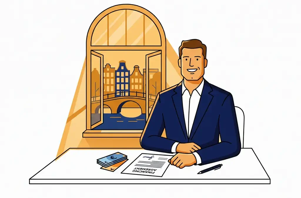 Nederlandse ondernemer bekijkt ondertekend financieringsdocument aan modern bureau met eurobiljetten, warm Amsterdams grachtenraam op achtergrond.