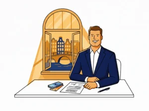 Nederlandse ondernemer bekijkt ondertekend financieringsdocument aan modern bureau met eurobiljetten, warm Amsterdams grachtenraam op achtergrond.