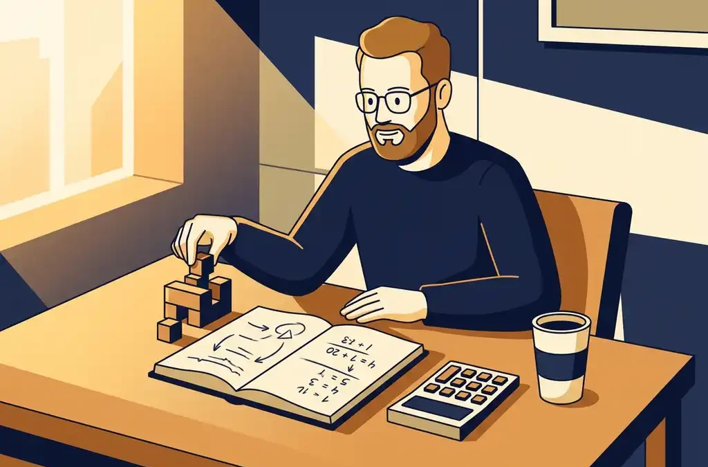 Nederlandse ondernemer aan houten bureau met bouwblokjes, notitieboek vol berekeningen, rekenmachine en koffiekop in warm licht.