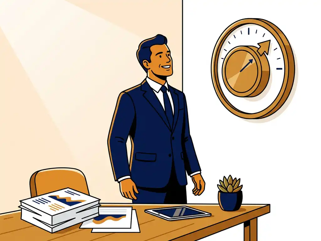 Nederlandse ondernemer bekijkt grote messing renteschijf aan witte muur, met financiële documenten en plant op modern bureau.