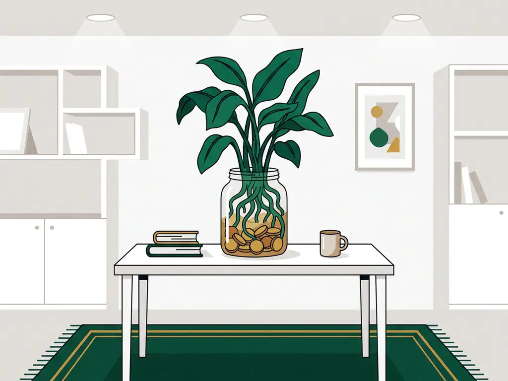 Weelderige groene plant die opgroeit uit een glazen pot gevuld met munten, met zichtbare wortels op een modern bureau.