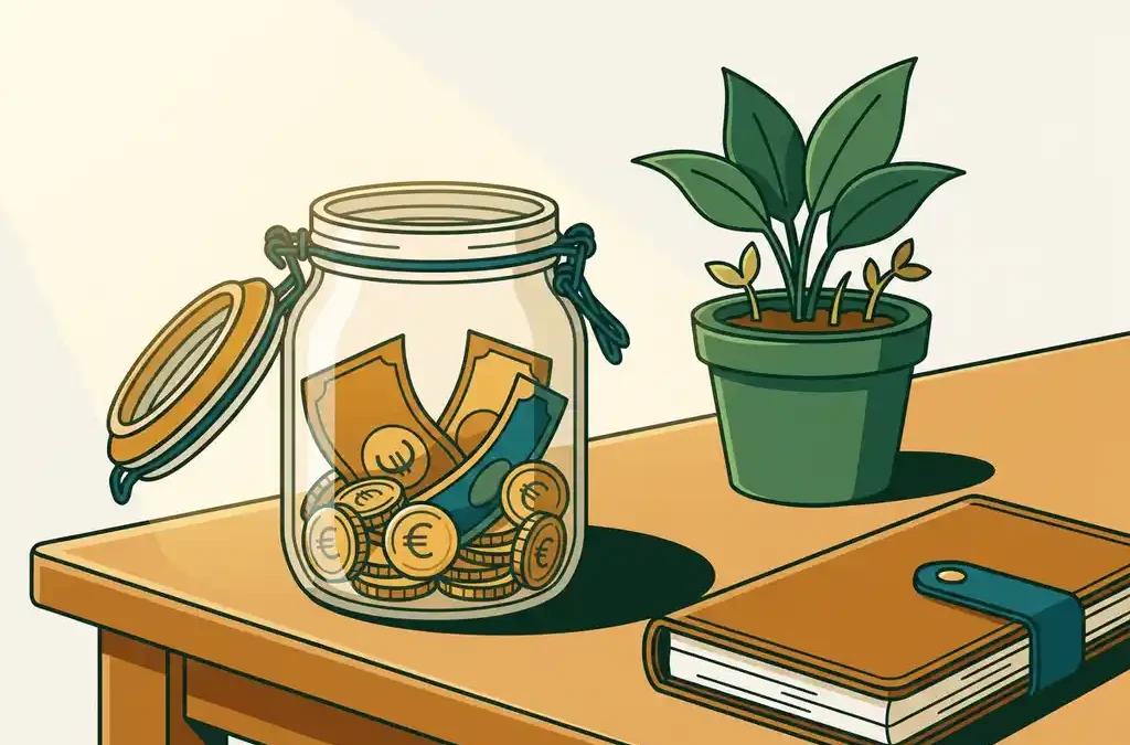 Glazen pot gevuld met euromunten en bankbiljetten naast een groene plant en leren notitieboek op een houten bureau.