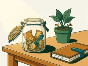 Glazen pot gevuld met euromunten en bankbiljetten naast een groene plant en leren notitieboek op een houten bureau.