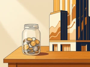 Glazen pot gevuld met munten naast een miniatuur commercieel gebouw op een eikenhouten bureau, symbool voor vastgoedinvestering en financiële groei.