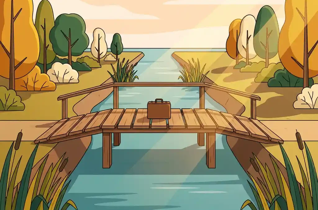 Tijdelijke houten brug over een Nederlandse gracht met een aktetas in het midden, symbool voor bedrijfsoverdracht.