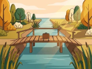 Tijdelijke houten brug over een Nederlandse gracht met een aktetas in het midden, symbool voor bedrijfsoverdracht.