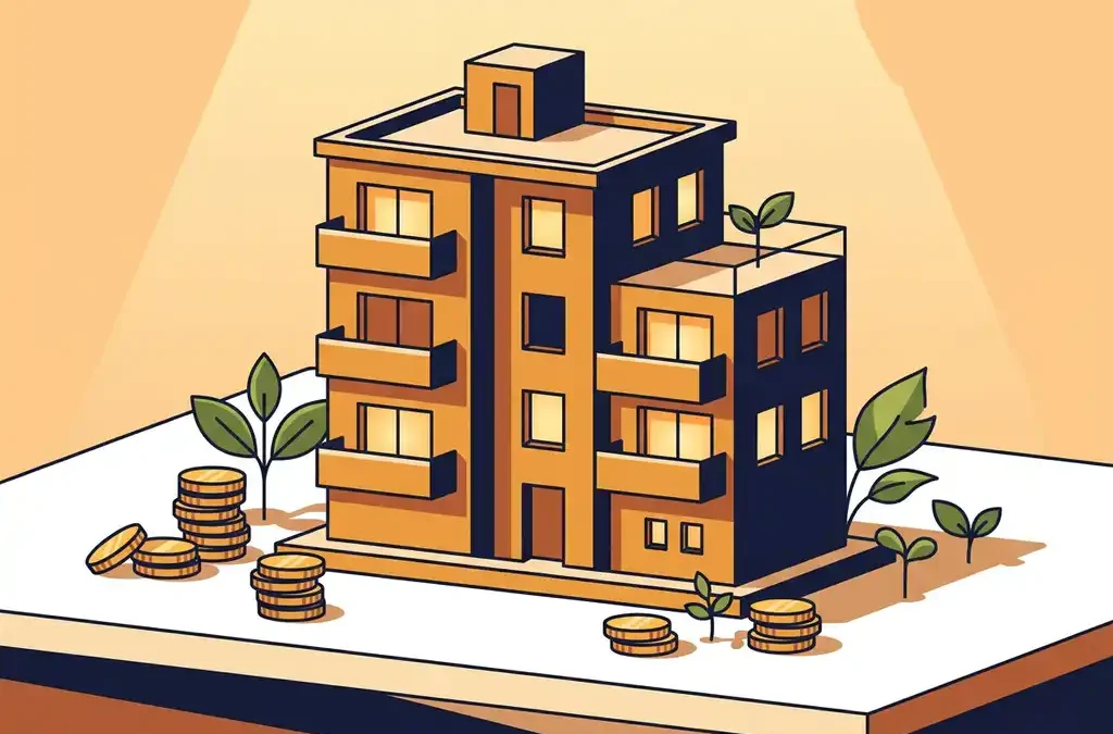 Miniatuur woongebouw omringd door gouden muntstapels en groene zaailingen, symbool voor vastgoedinvestering en rendement.