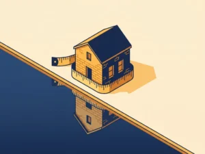 Kleine bakstenen vastgoedbelegging weerspiegeld in water, met meetlint rond de basis, vectorillustratie in marineblauw en amber tinten.