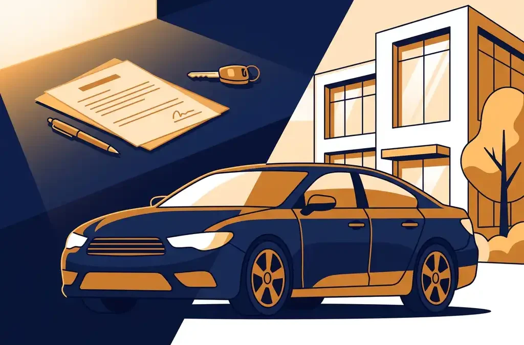 Zakelijke auto geparkeerd bij modern kantoorgebouw met eigendomsdocumenten en sleutel op bureau, vector illustratie.