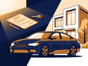 Zakelijke auto geparkeerd bij modern kantoorgebouw met eigendomsdocumenten en sleutel op bureau, vector illustratie.